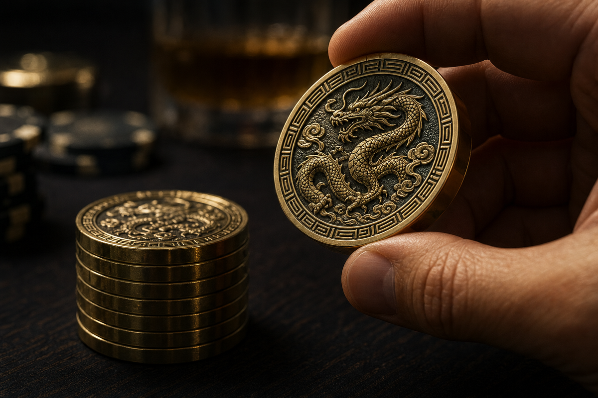 Weighted metal poker chips showing premium chip weight and feel