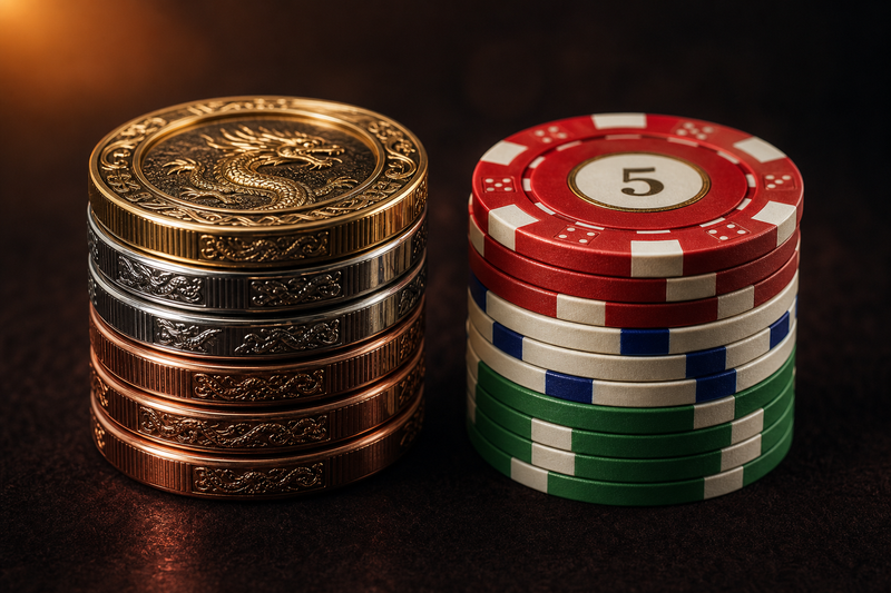 Metal and clay poker chips side by side for comparison