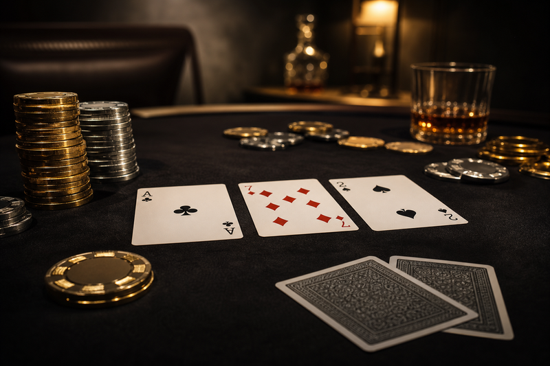 Texas Hold'em poker chips and community cards on a luxury home poker table
