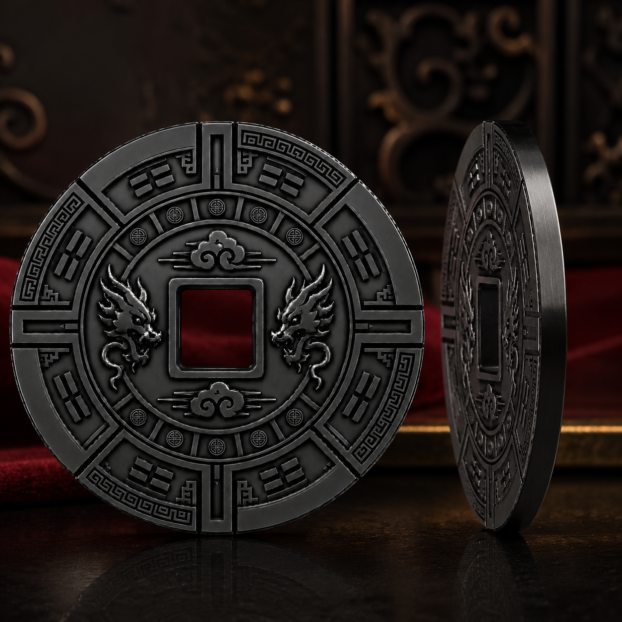 Gunmetal black finish weighted metal poker chip with dragon motif from Deck and Dynasty