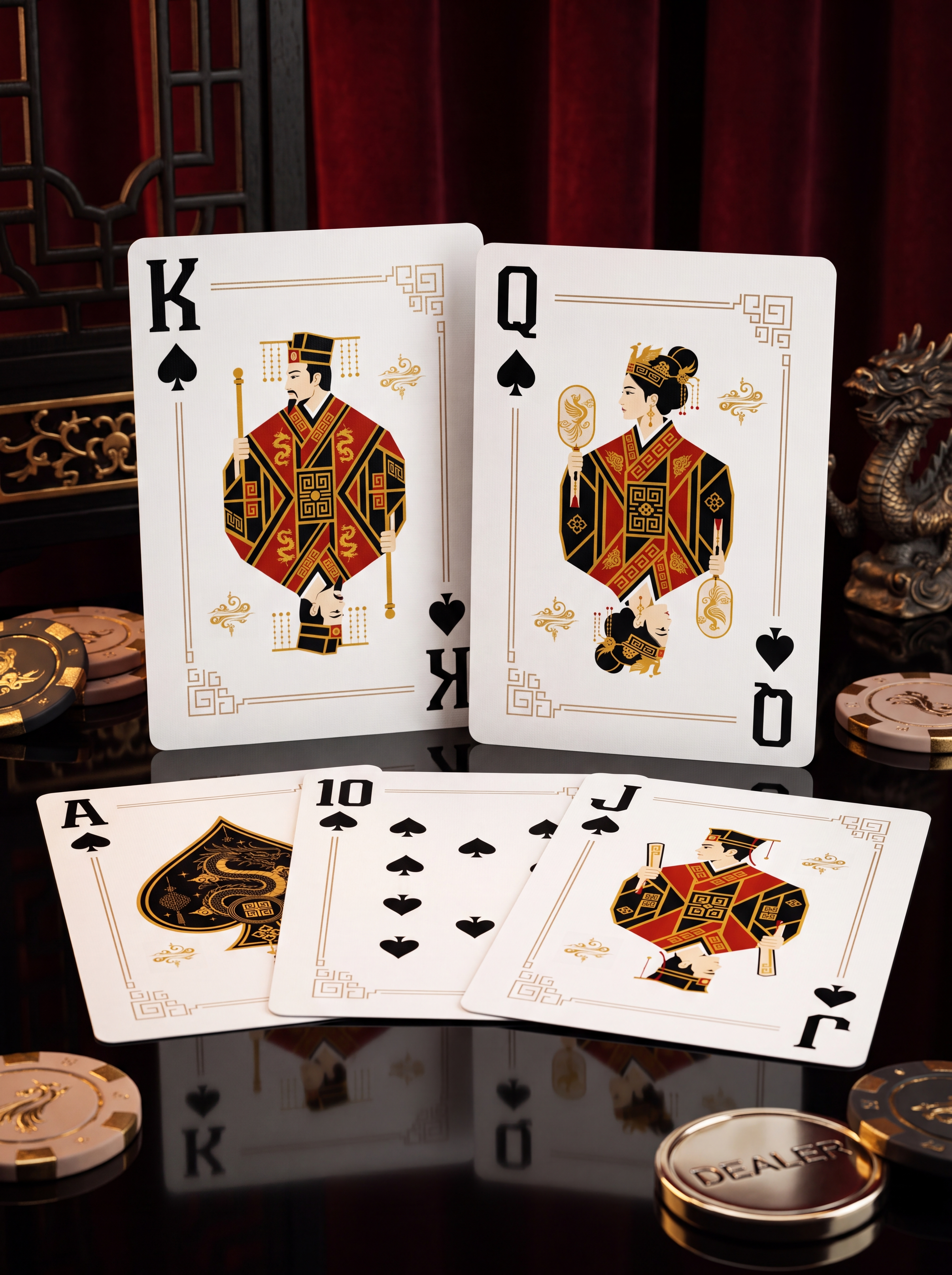 Custom dragon motif playing cards from the Deck and Dynasty luxury poker set with king and queen of spades