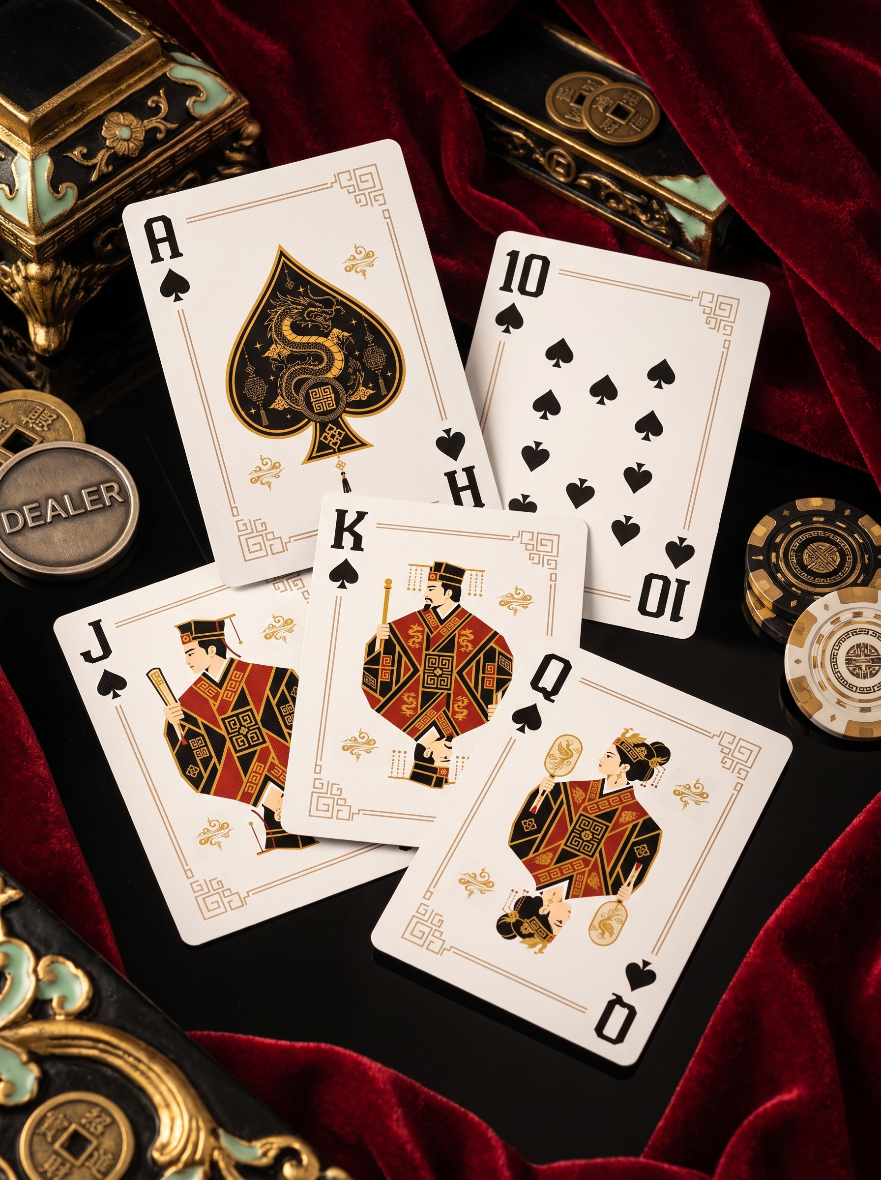 Royal flush in spades from the Deck and Dynasty custom playing card deck on red velvet