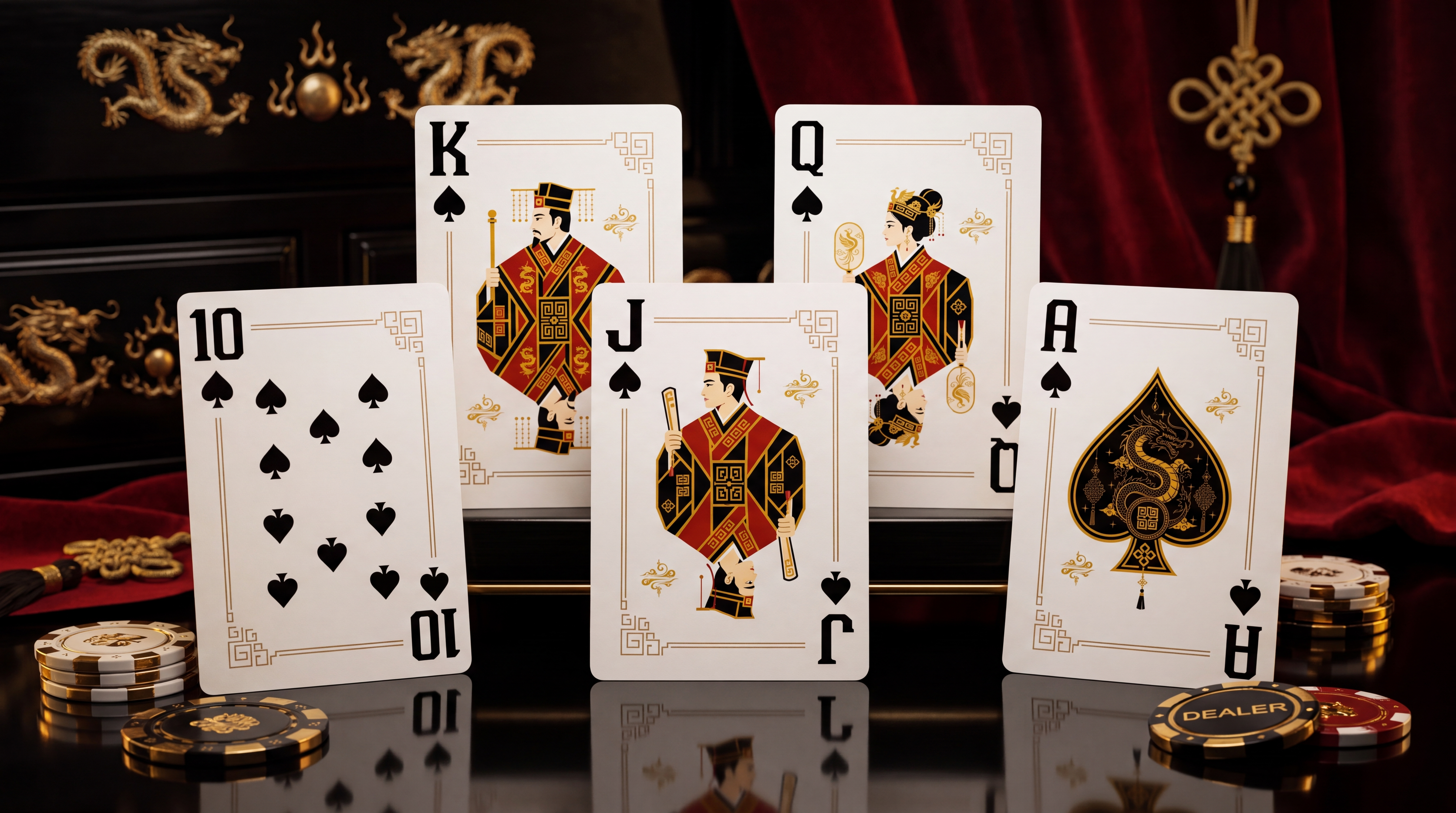 Royal flush playing cards from the Deck and Dynasty luxury poker set with metal chips and dealer button on red velvet