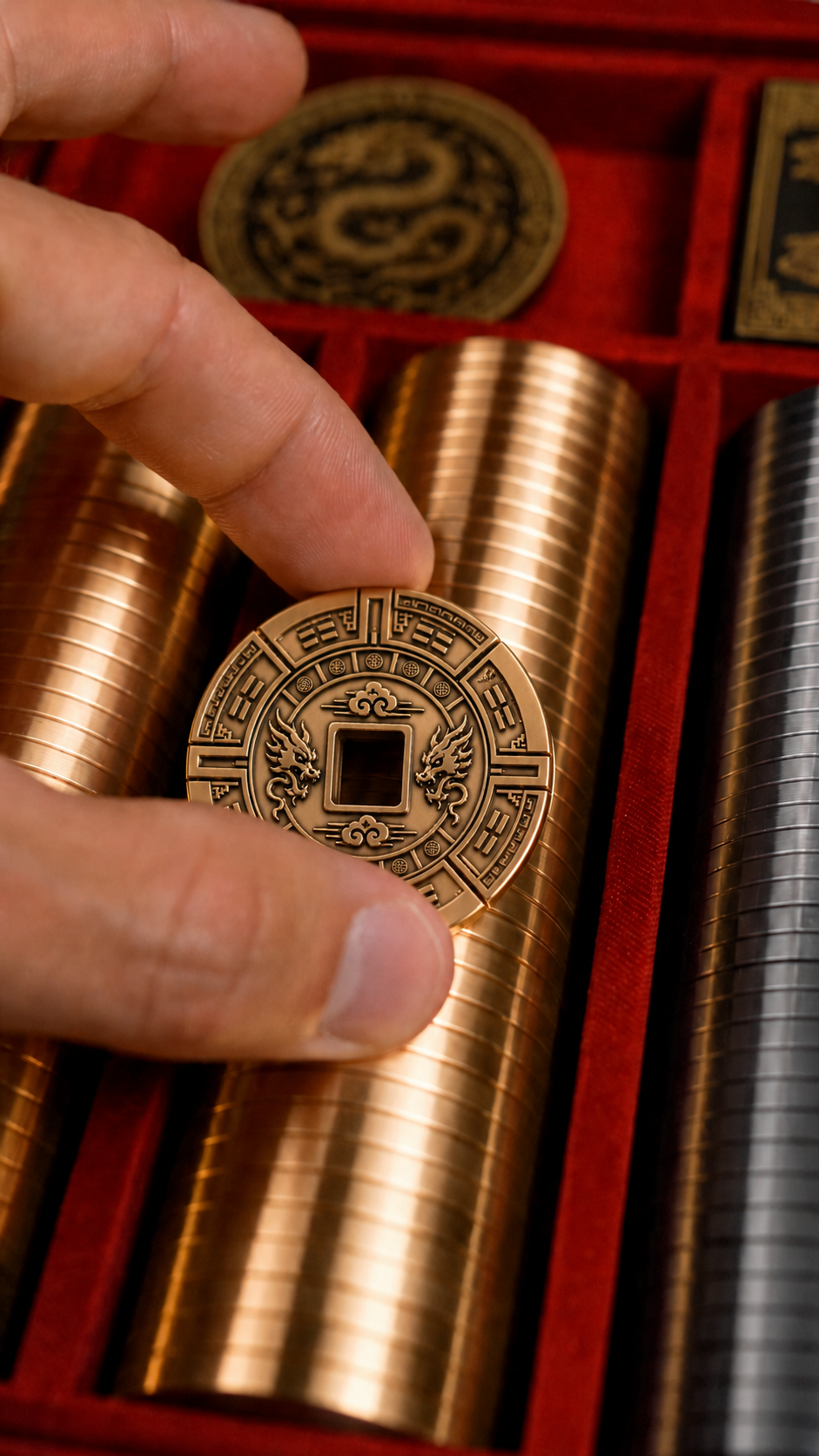 Hand holding a gold poker chip showing intricate dragon design detail