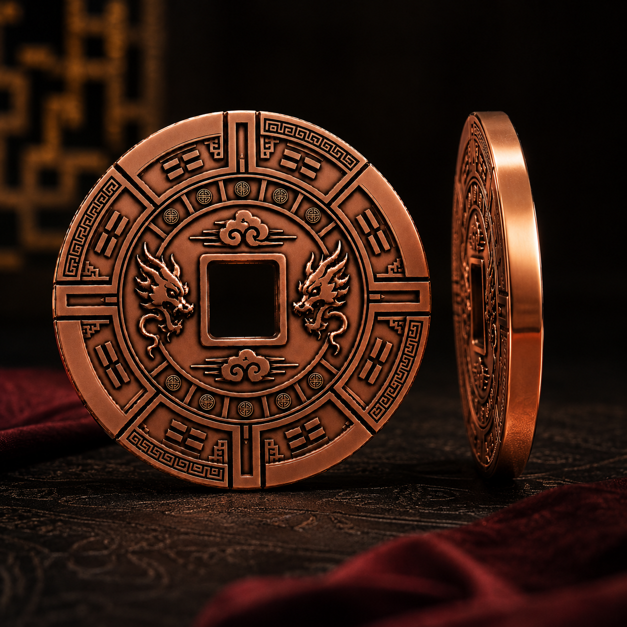 Copper finish weighted metal poker chip with dragon motif from Deck and Dynasty