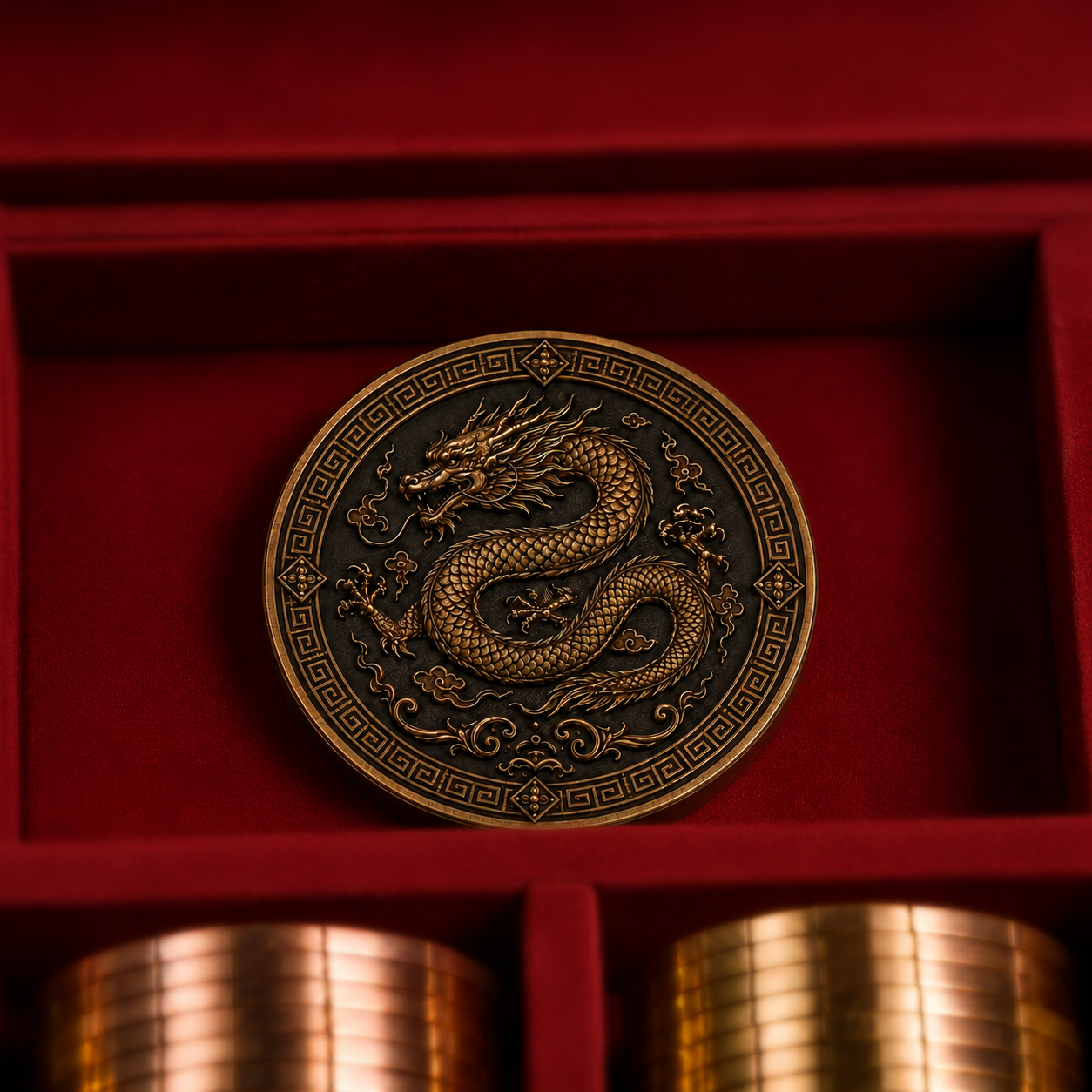 Bronze dragon dealer button nestled in red velvet case compartment