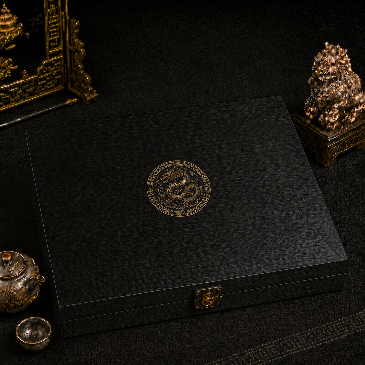 Imperial Mint poker set luxury black case with gold dragon emblem, closed view