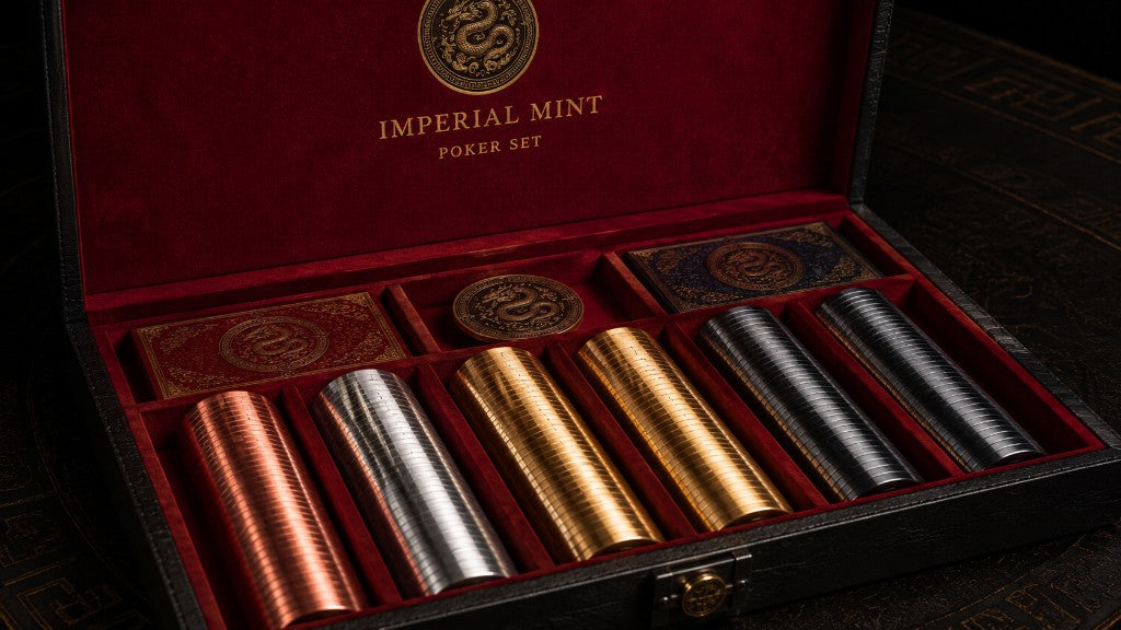 Imperial Mint Poker Set wide shot showing full open case with metallic chips and cards