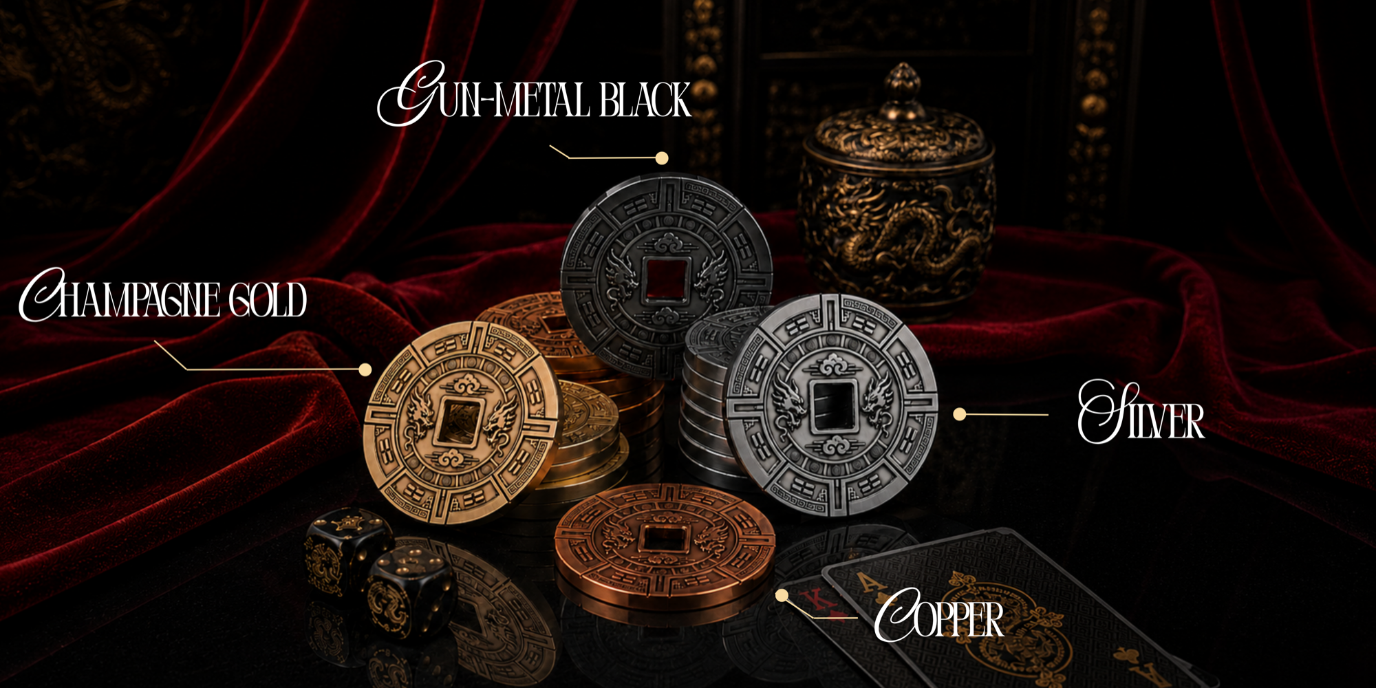 Deck and Dynasty luxury metal poker chips in champagne gold, gunmetal black, silver, and copper dragon finishes