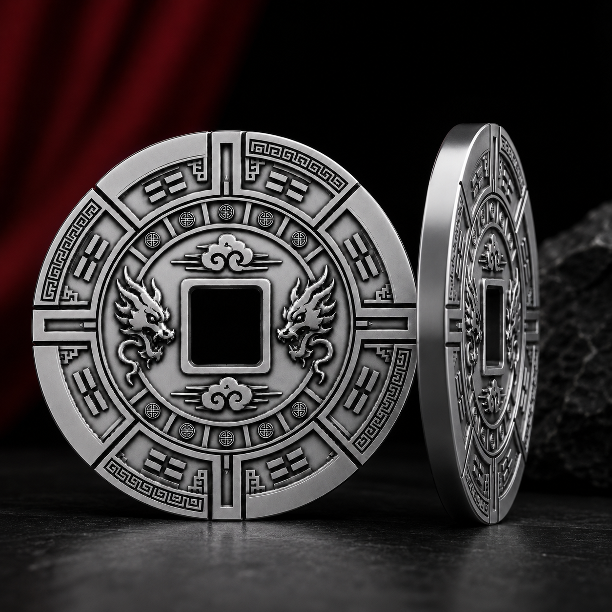 Silver finish weighted metal poker chip with dragon motif from Deck and Dynasty